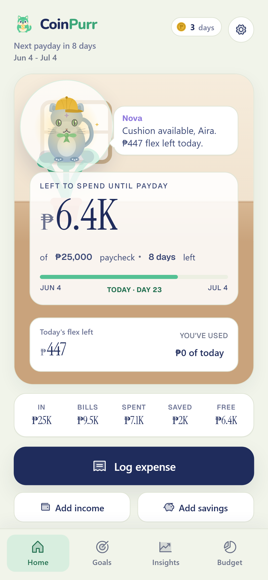 CoinPurr Home showing today's flexible amount, bills, spending, savings, and a Nova pet message