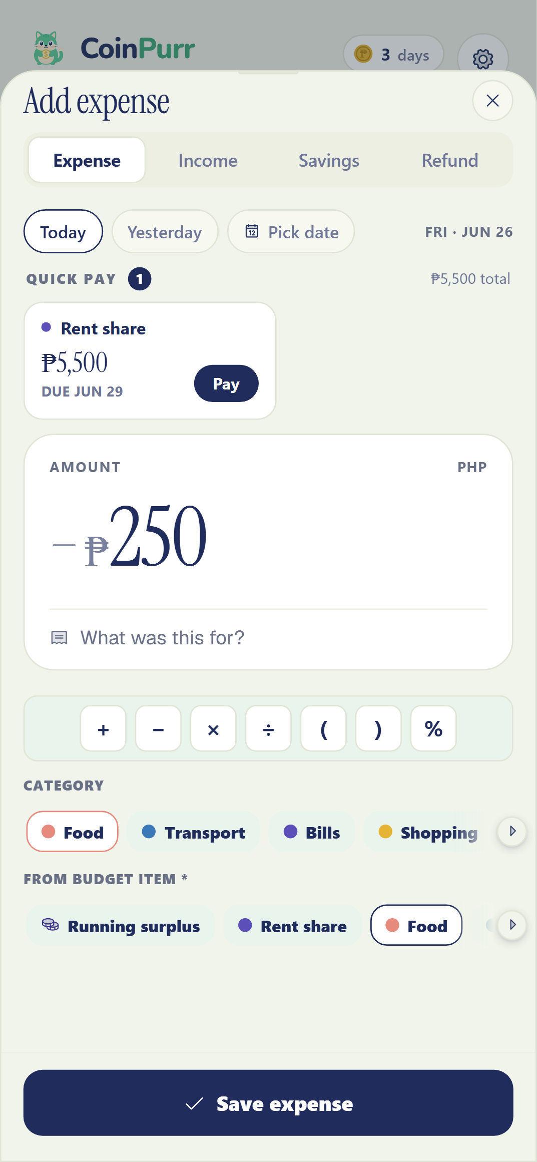 CoinPurr Quick Add Expense screen with amount, category, budget item, and Save expense button