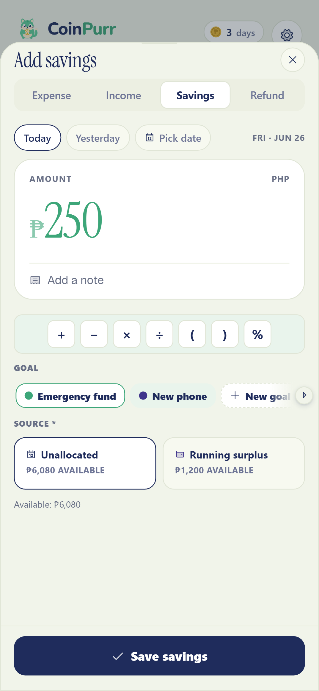 CoinPurr Quick Add Savings screen with goal, source, available amount, and Save savings button